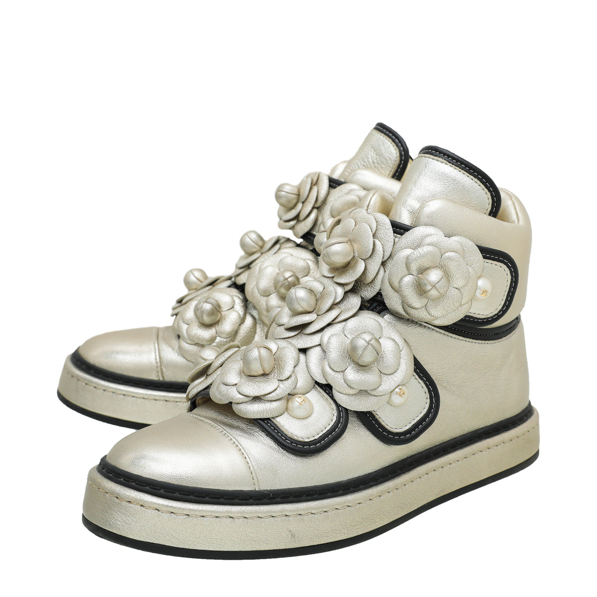 Chanel Champagne CC Camellia Flowers Metallic Pearl Sneaker 37-Chanel-THE CLOSET