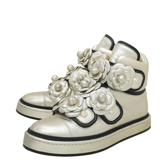 Chanel Champagne CC Camellia Flowers Metallic Pearl Sneaker 37