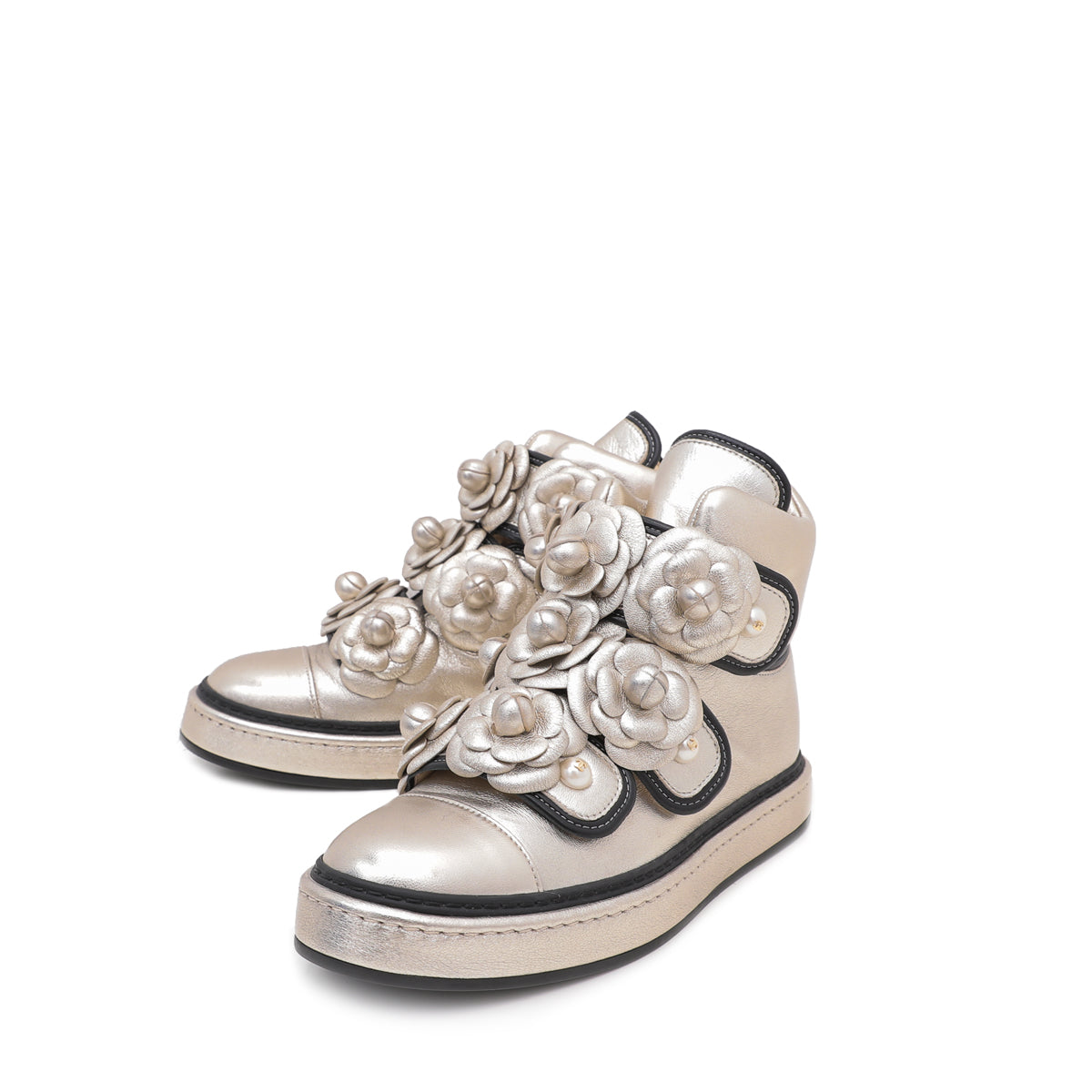 Chanel Champagne CC Camellia Flowers Metallic Pearl Sneakers 37