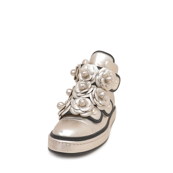 Chanel Champagne CC Camellia Flowers Metallic Pearl Sneakers 37