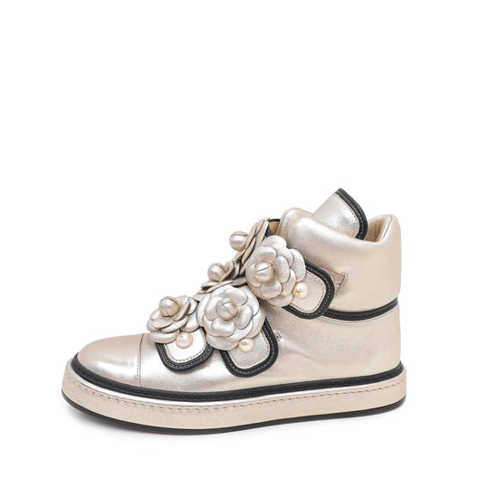 Chanel Champagne CC Camellia Flowers Metallic Pearl Sneakers 37