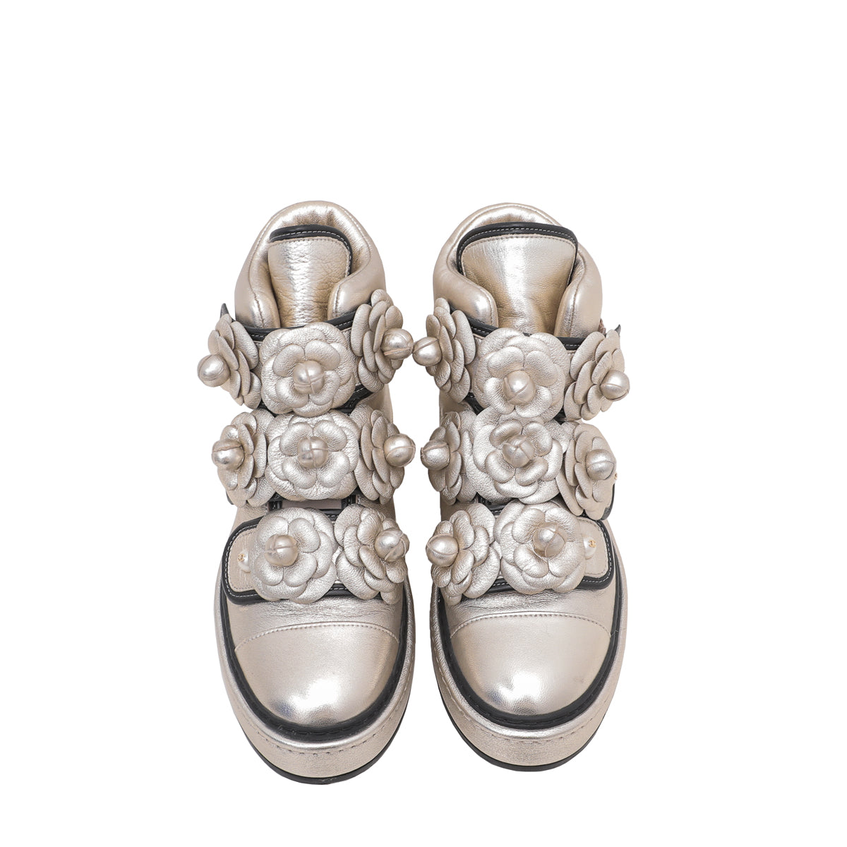 Chanel Champagne CC Camellia Flowers Metallic Pearl Sneakers 37