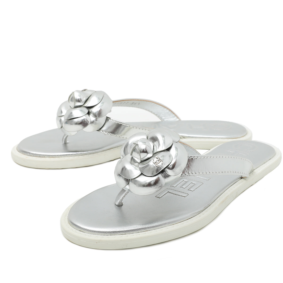 Chanel Silver CC Camellia Flip Flop Sandals 36.5-Chanel-THE CLOSET