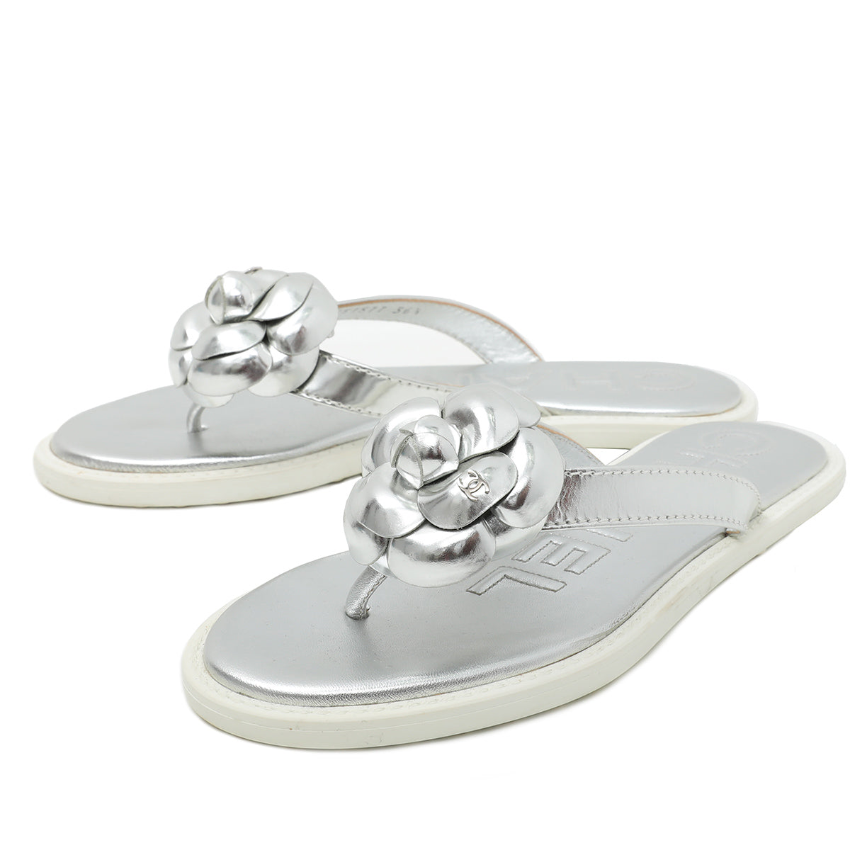 Chanel Silver CC Camellia Flip Flop Sandals 36.5