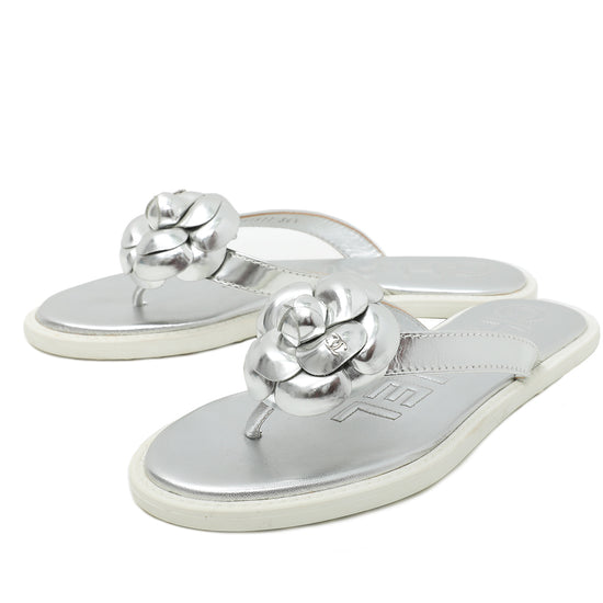 Chanel Silver CC Camellia Flip Flop Sandals 36.5