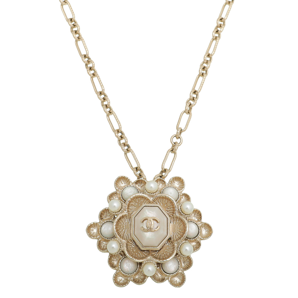 Chanel Ivory CC Camellia Pearl Pendant Chain Necklace-Chanel-THE CLOSET