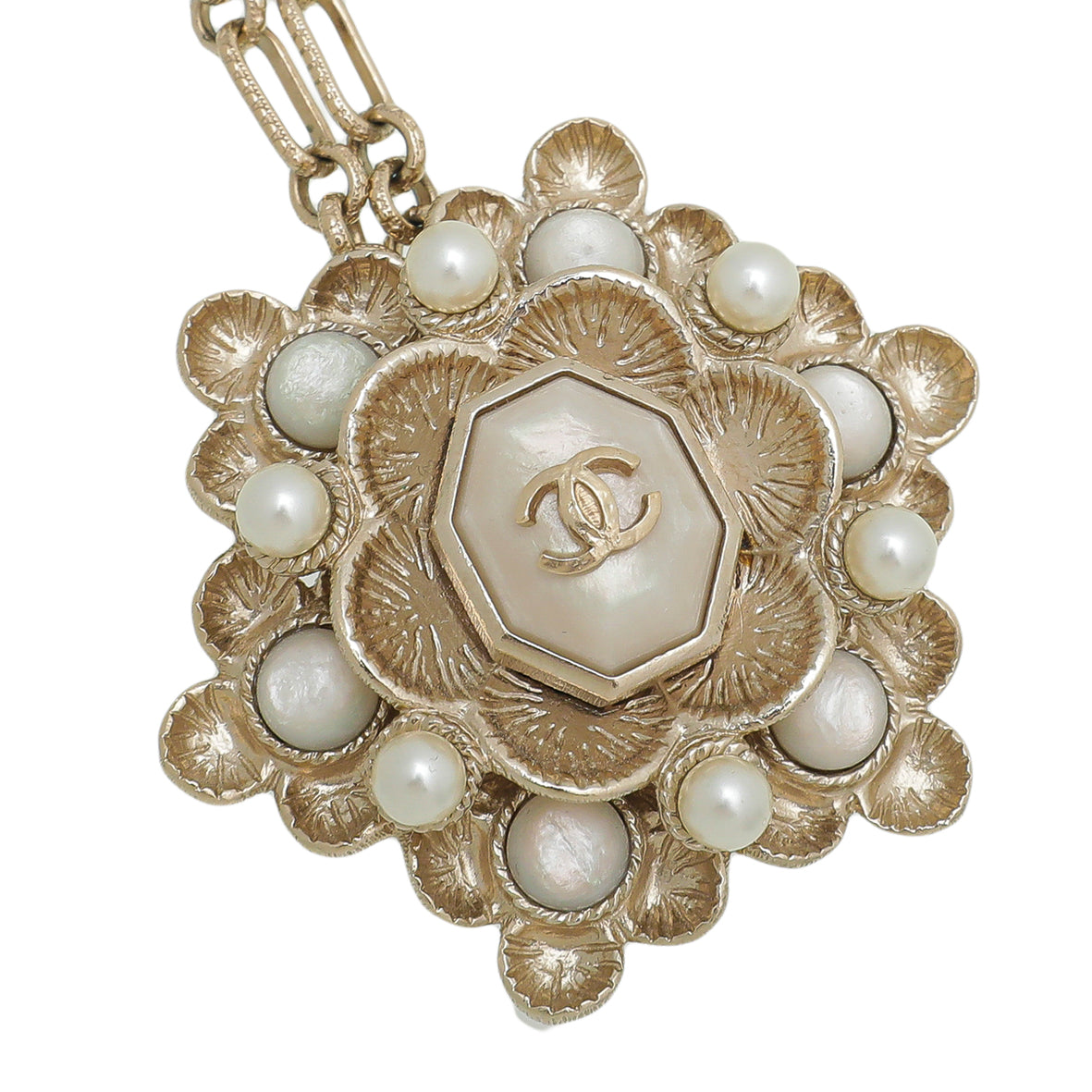 Chanel Ivory CC Camellia Pearl Pendant Chain Necklace