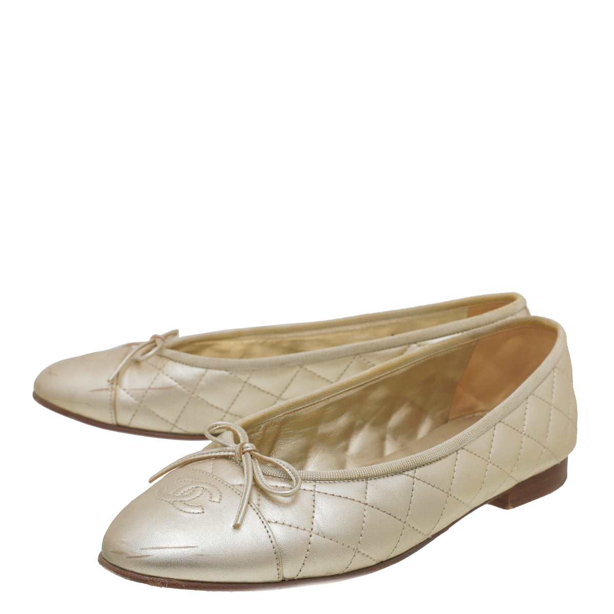 Chanel Metallic Gold CC Cap Toe Quilted Flat Ballerina 39.5-Chanel-THE CLOSET
