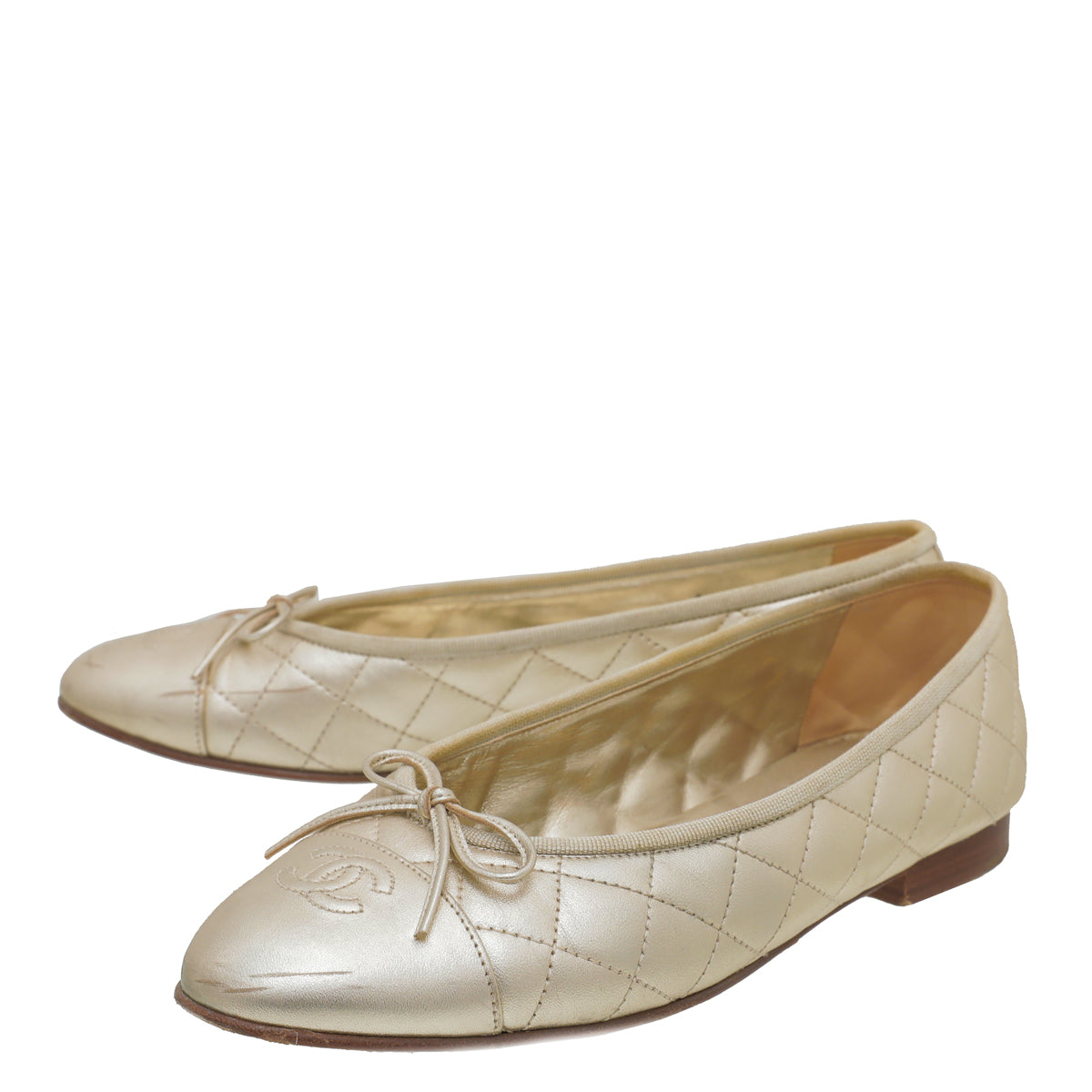 Chanel Metallic Gold CC Cap Toe Quilted Flat Ballerina 39.5