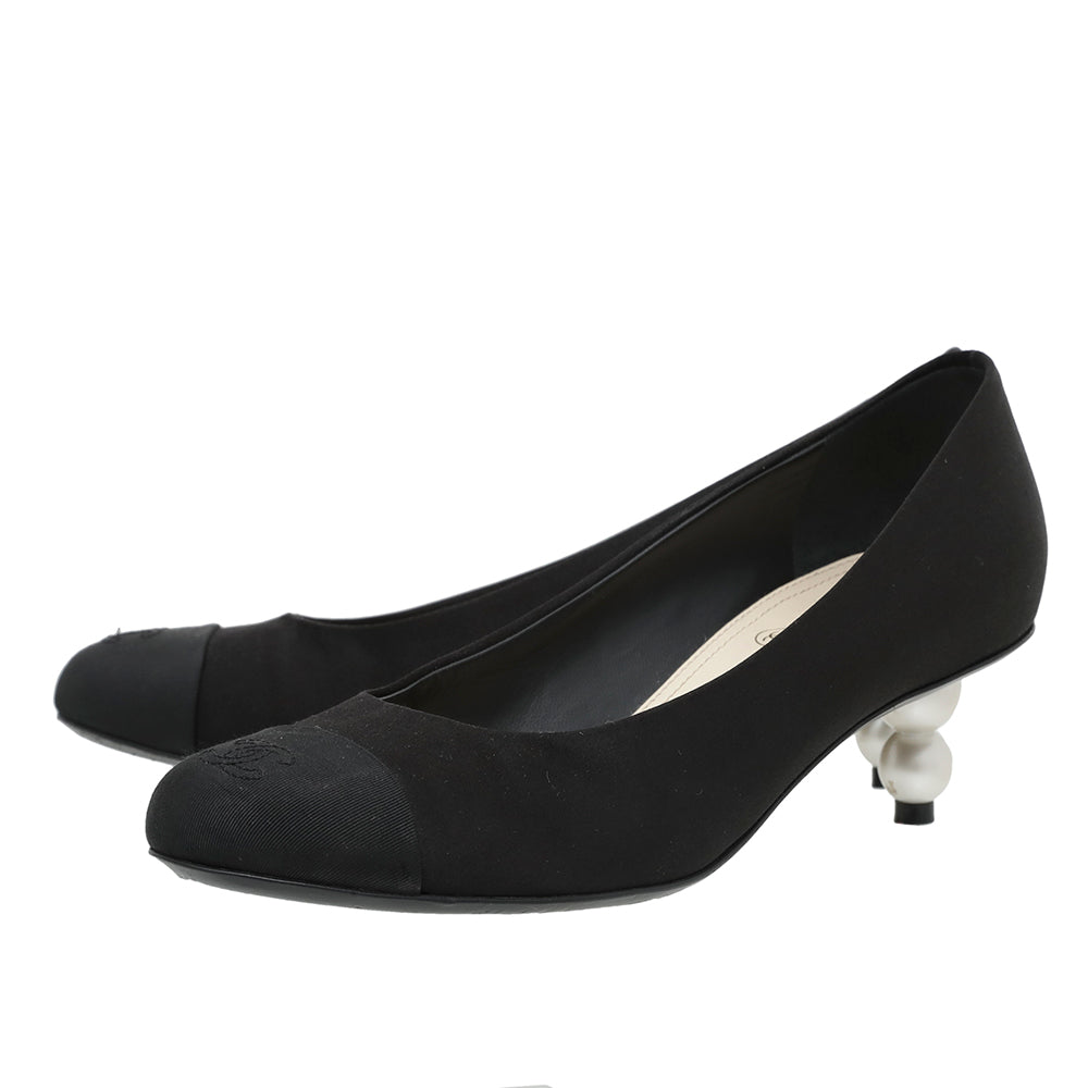 Chanel Black Satin CC Cap Toe Pearl Heel Pumps 37.5-Chanel-THE CLOSET