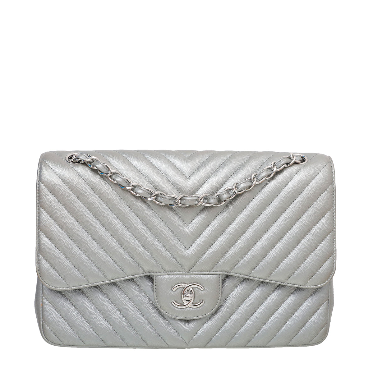 Chanel Metallic Grey CC Chevron Double Flap Jumbo Bag-Chanel-THE CLOSET