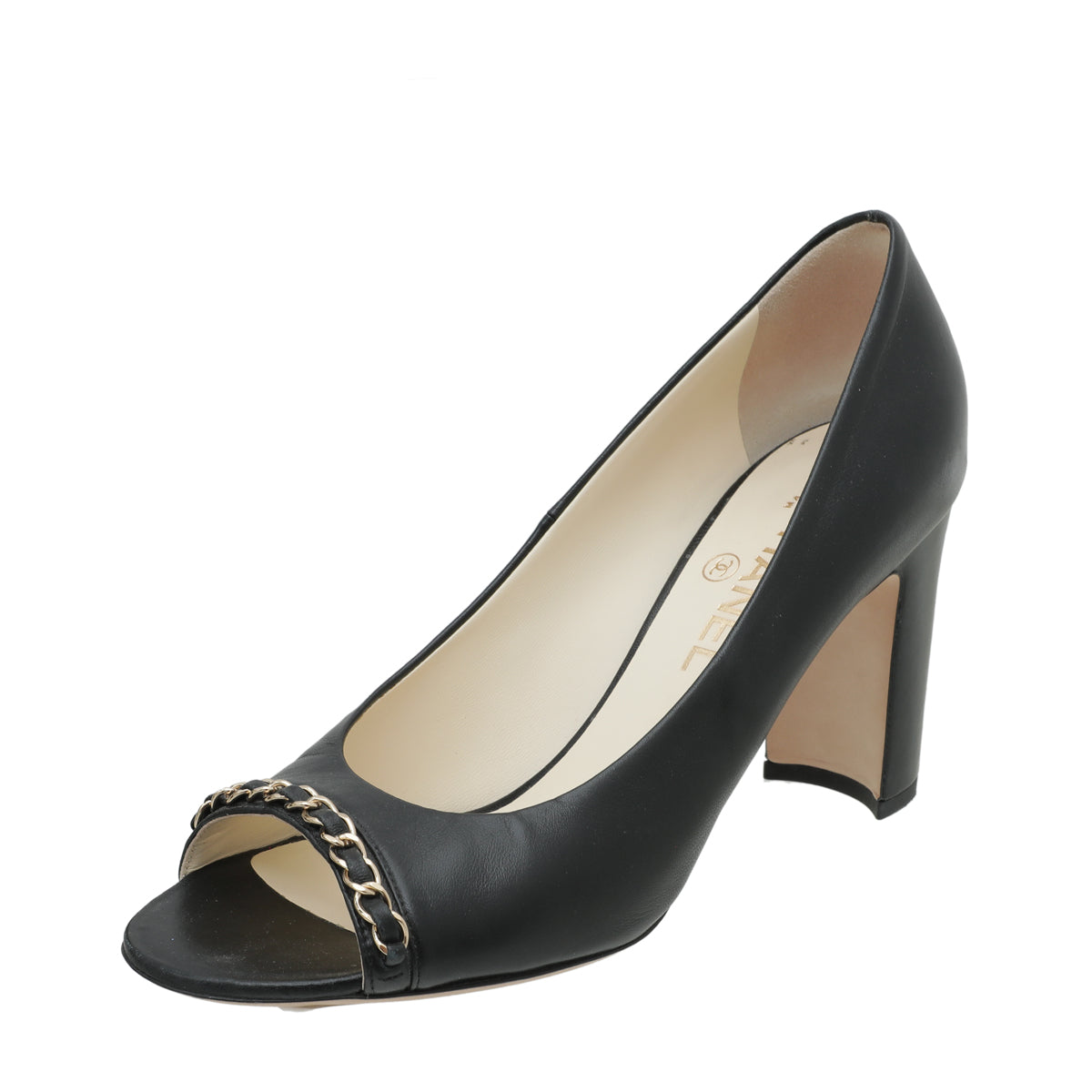Chanel Black CC Chain Peep Toe Pump 39-Chanel-THE CLOSET