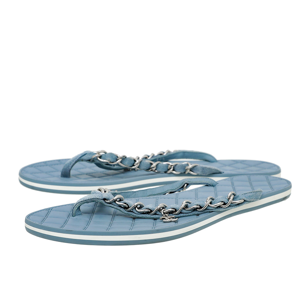 Chanel Pale Blue CC Suede Chain Thong Sandals 37.5