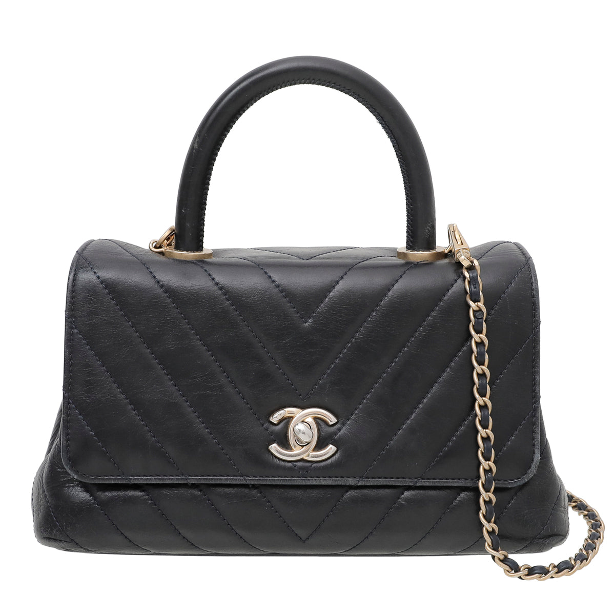 Chanel Navy Blue CC Chevron Coco Handle Mini Bag-Chanel-THE CLOSET