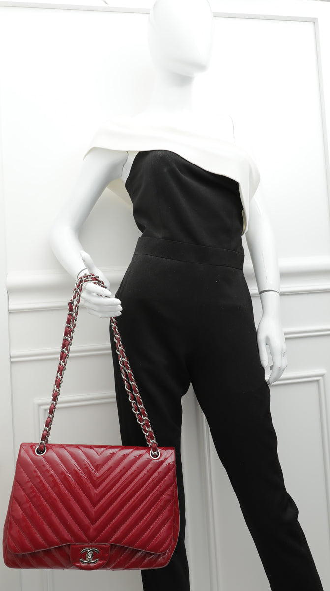 Chanel Red CC Chevron Single Flap Jumbo Bag-Chanel-THE CLOSET