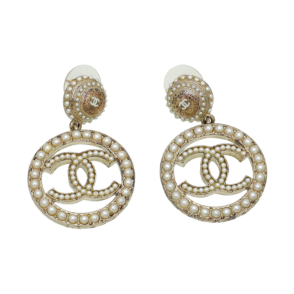 Chanel White CC Circle Faux Pearl Drop Earrings-Chanel-THE CLOSET