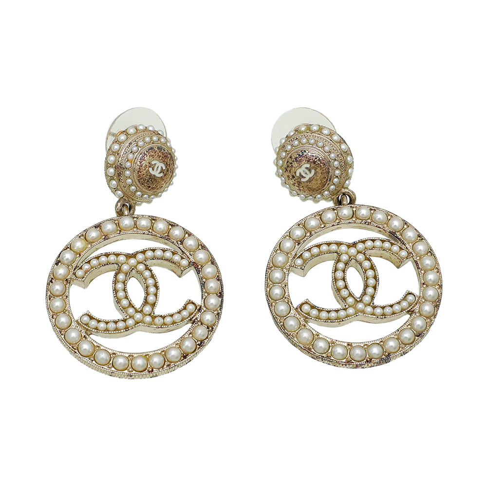 Chanel White CC Circle Faux Pearl Drop Earrings