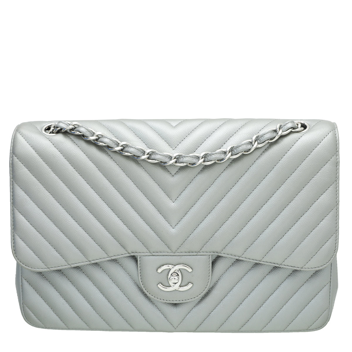 Chanel Metallic Grey CC Classic Chevron Double Flap Jumpo Bag-Chanel-THE CLOSET