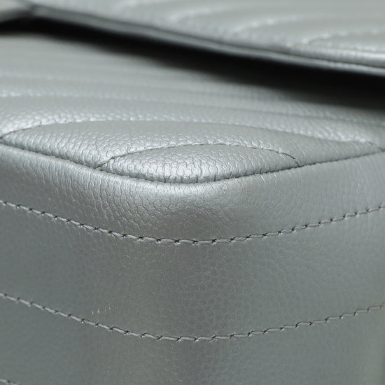 Chanel Metallic Grey CC Classic Chevron Double Flap Jumpo Bag