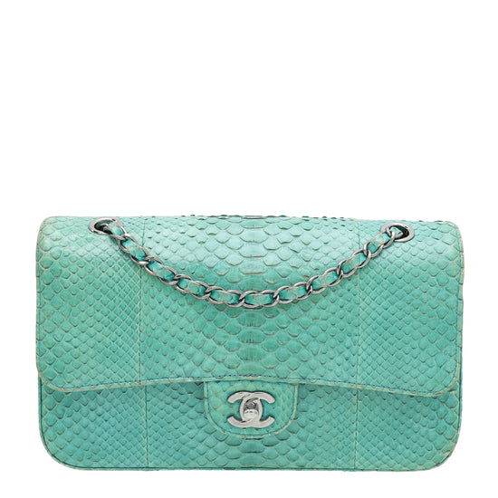 Chanel Turquoise Python CC Classic Double Flap Bag Medium