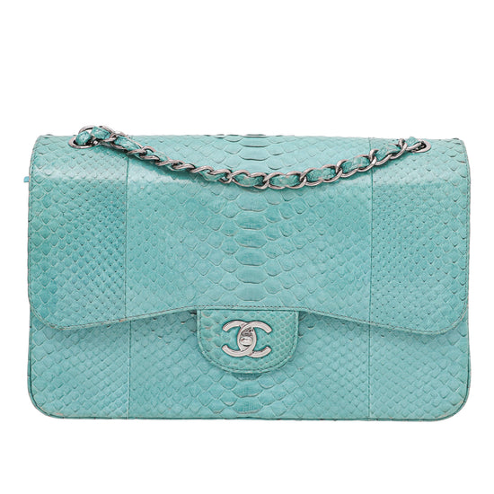 Chanel Turquoise CC Classic Python Jumbo Double Flap Bag