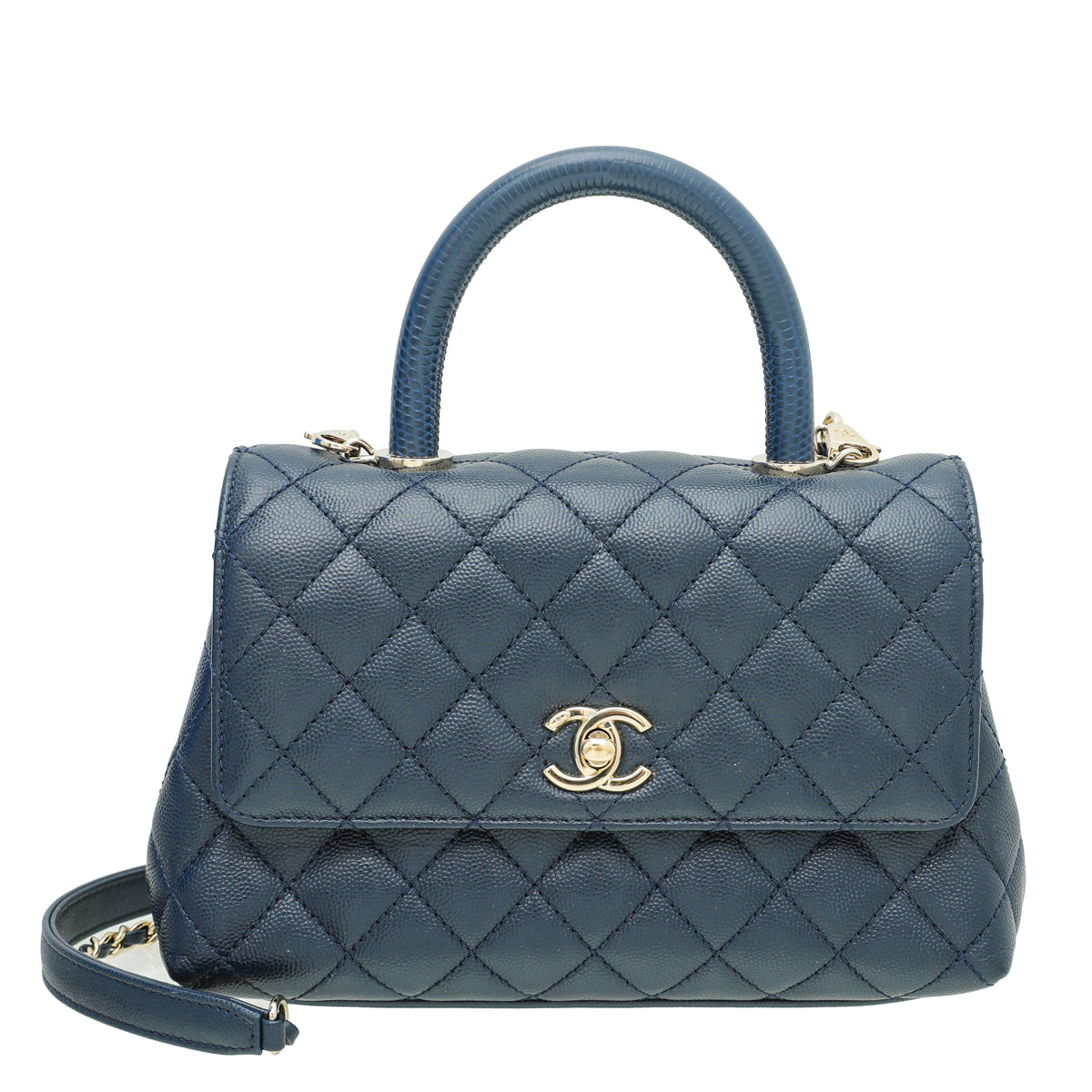 Chanel Navy Blue CC Coco Handle Lizard Bag