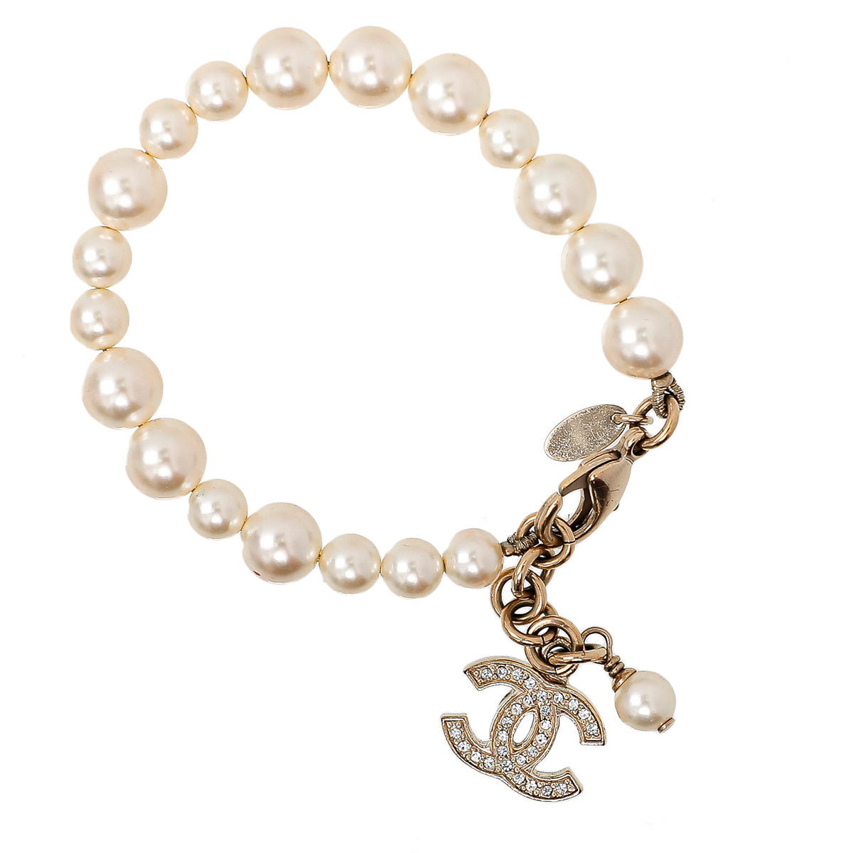 Chanel White CC Crystal Dangle Faux Pearl Bracelet