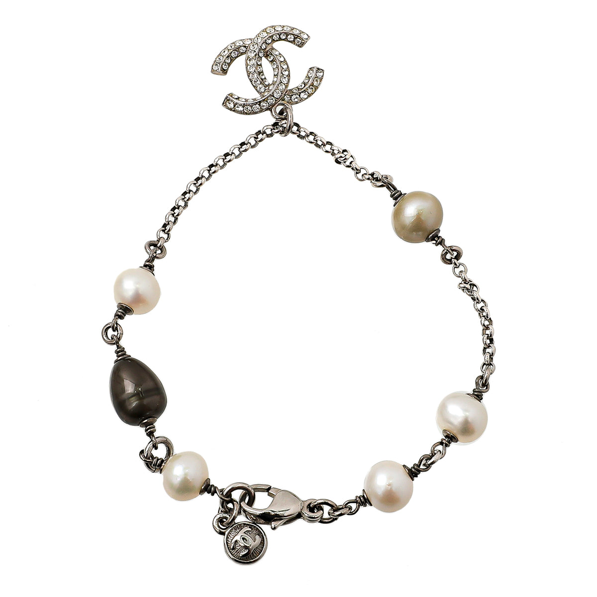 Chanel Silver CC Crystal Dangle Metal Pearls Bracelet-Chanel-THE CLOSET