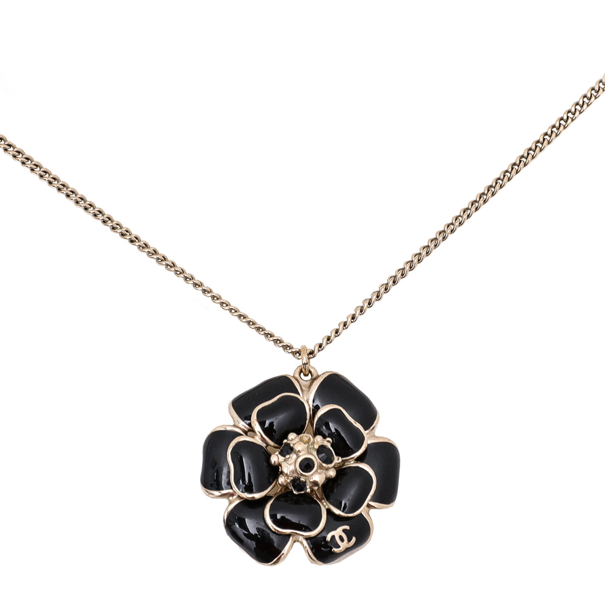 Chanel Black CC Crystal Enamel Camellia Pendant Necklace-Chanel-THE CLOSET