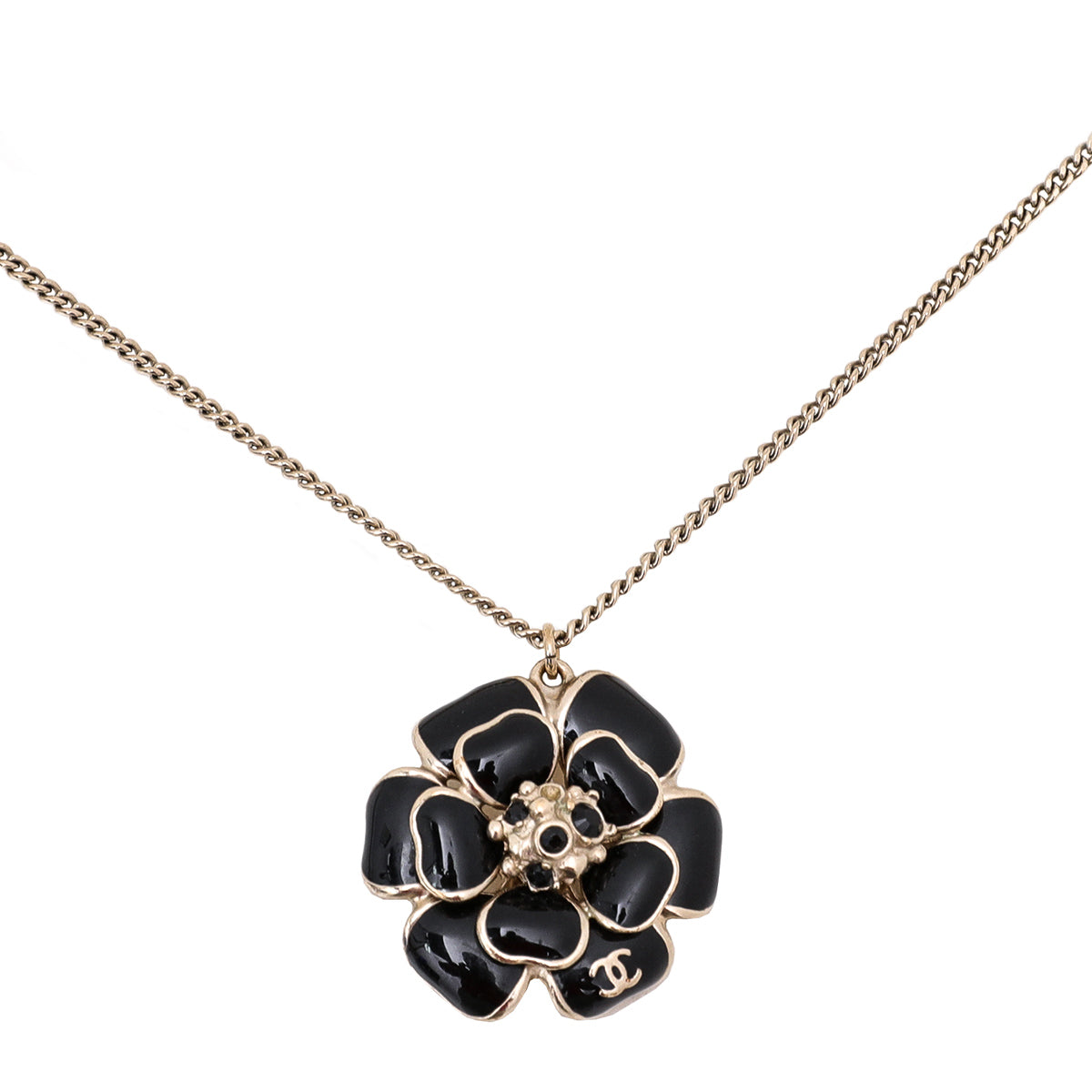Chanel Black CC Crystal Enamel Camellia Pendant Necklace