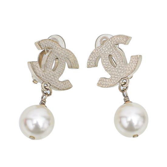 Chanel Goldtone CC Crystal Pearl Clip On Earrings