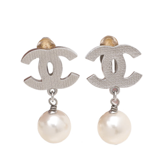 Chanel White CC Crystal Pearl Clip On Earrings