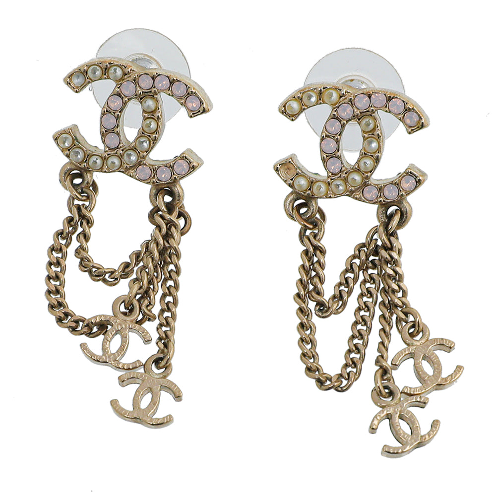 Chanel Gold CC Crystal Pearl Double Chain Earrings – The Closet