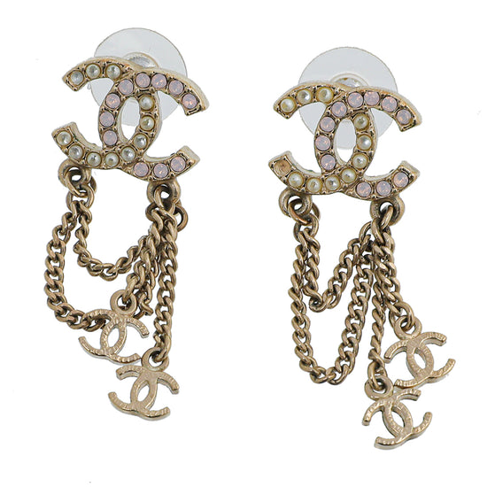Chanel Gold CC Crystal Pearl Double Chain Earrings