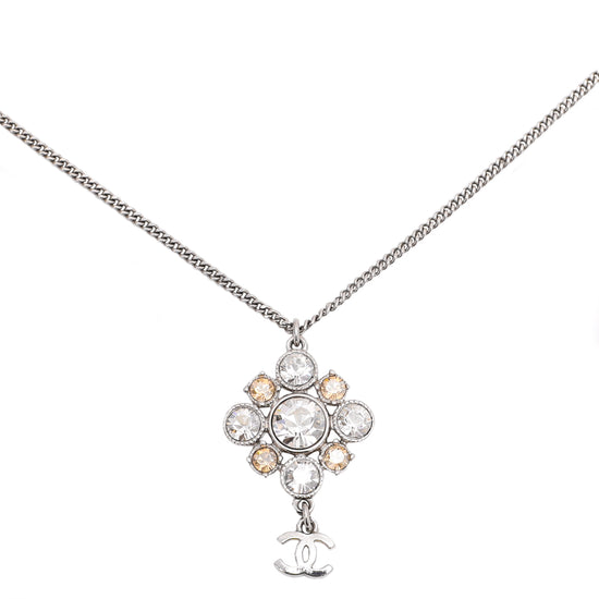 Chanel Silver CC Crystal Pendant Gripoix Chain Necklace