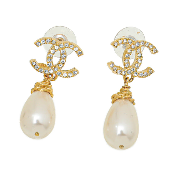 Chanel Gold CC Crystal Teardrop Pearl Drop Earrings