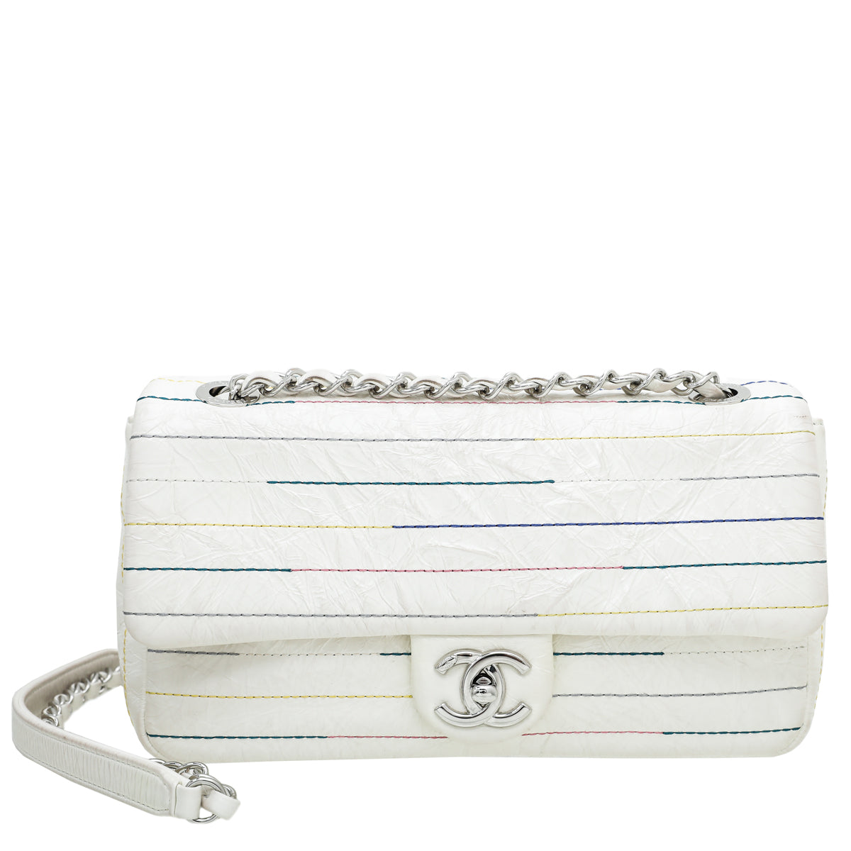 Chanel White CC Distressed Stright Line Stitch Bag