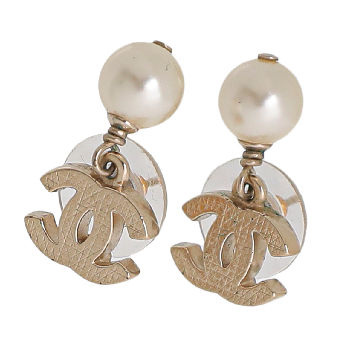 Chanel Light Gold CC Drop Pearl Earrings