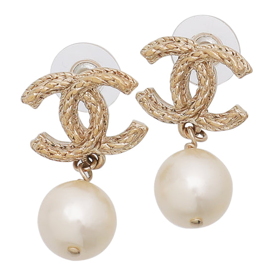 Chanel Light Gold Tone CC Drop Pearl Earrings