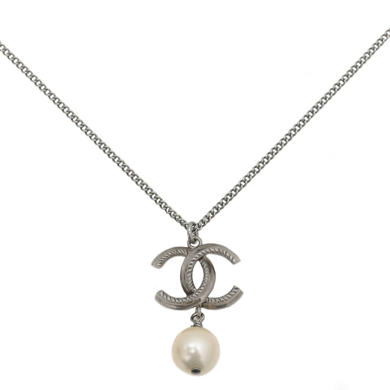 Chanel Silver Oxidized CC Drop Pearl Necklace
