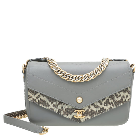 Chanel Grey CC Elaphe Double Chevron Flap Bag