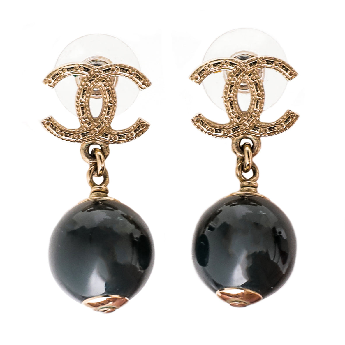 Chanel Black CC Faux Pearl Drop Earrings
