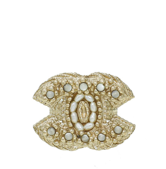 Chanel Gold Tone CC Faux Pearl Ring Medium