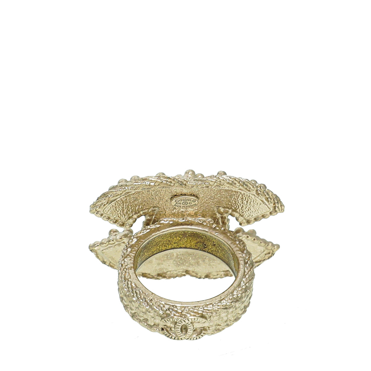 Chanel Gold Tone CC Faux Pearl Ring Medium