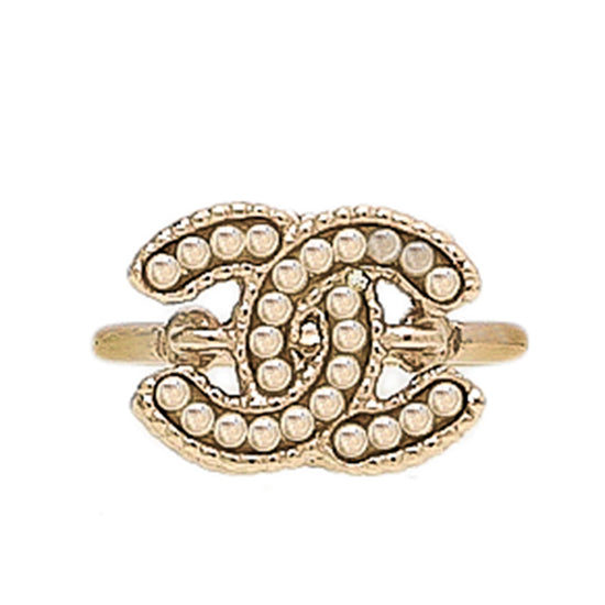Chanel Gold Tone CC Faux Pearl Ring
