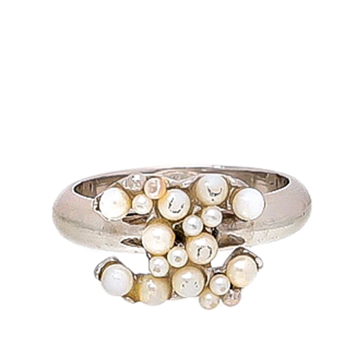 Chanel Silver Tone CC Faux Pearl Ring