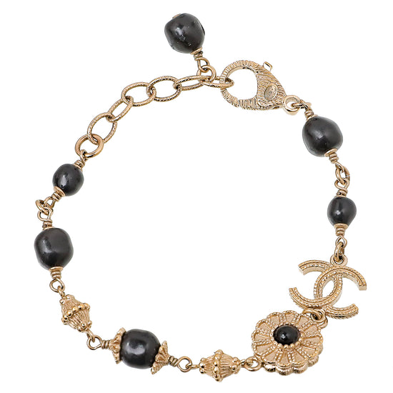 Chanel Black CC Flower Pearl Bracelet