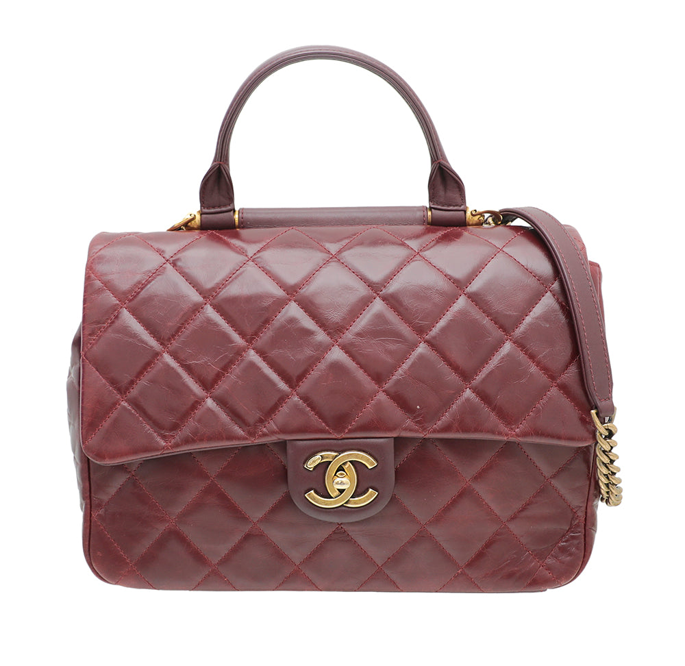 Chanel Burgundy CC Glazed Gold Bar Top Handle Flap Bag