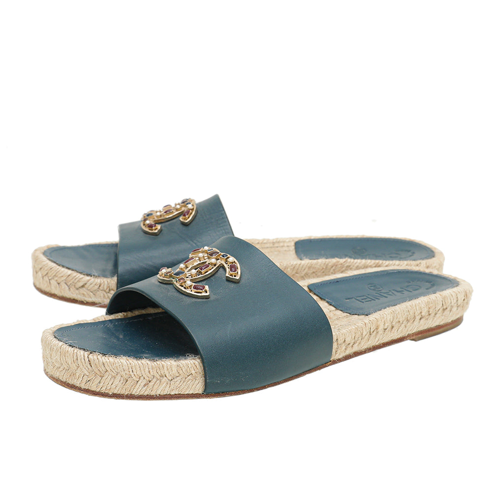 Chanel Teal CC Gripoix Espadrille Slides 40-Chanel-THE CLOSET