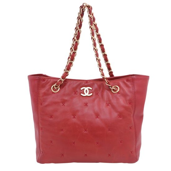Chanel Red CC Cross Stitch Shopper Bag